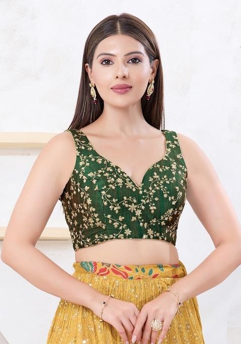 Dark Green Hand embroidery Poly Mulbury Silk Blouse