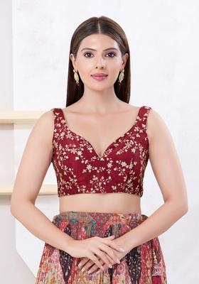Maroon Hand embroidery Poly Mulbury Silk Blouse