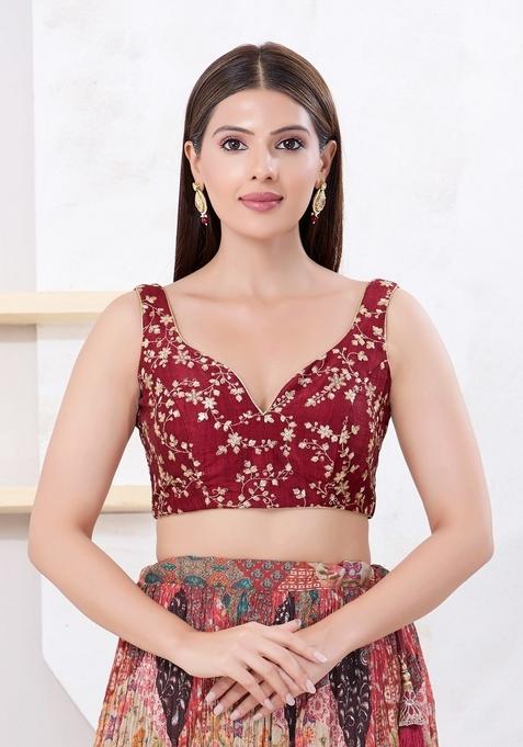Maroon Hand embroidery Poly Mulbury Silk Blouse