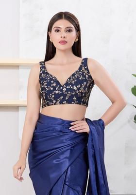 Navy Blue Hand embroidery Poly Mulbury Silk Blouse