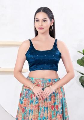 Cobalt Blue Hand embroidery Poly Gajii Silk Blouse