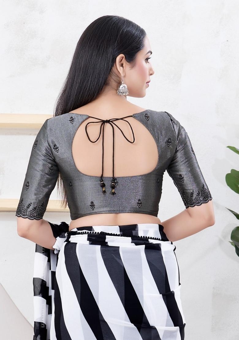 Black Hand embroidery Poly Shimmer Blouse - Indya