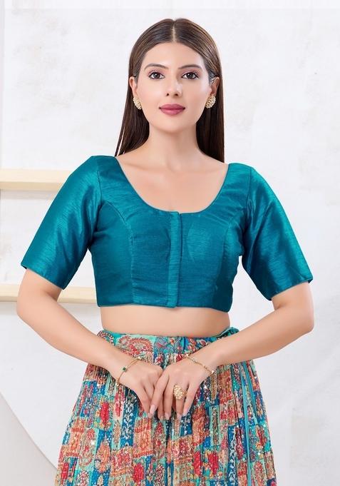 Peacock Blue Hand embroidery Poly Dupion Silk Blouse