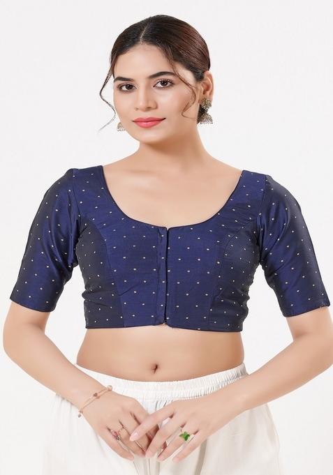 Navy Blue Hand embroidery Poly Tafeta Silk Blouse