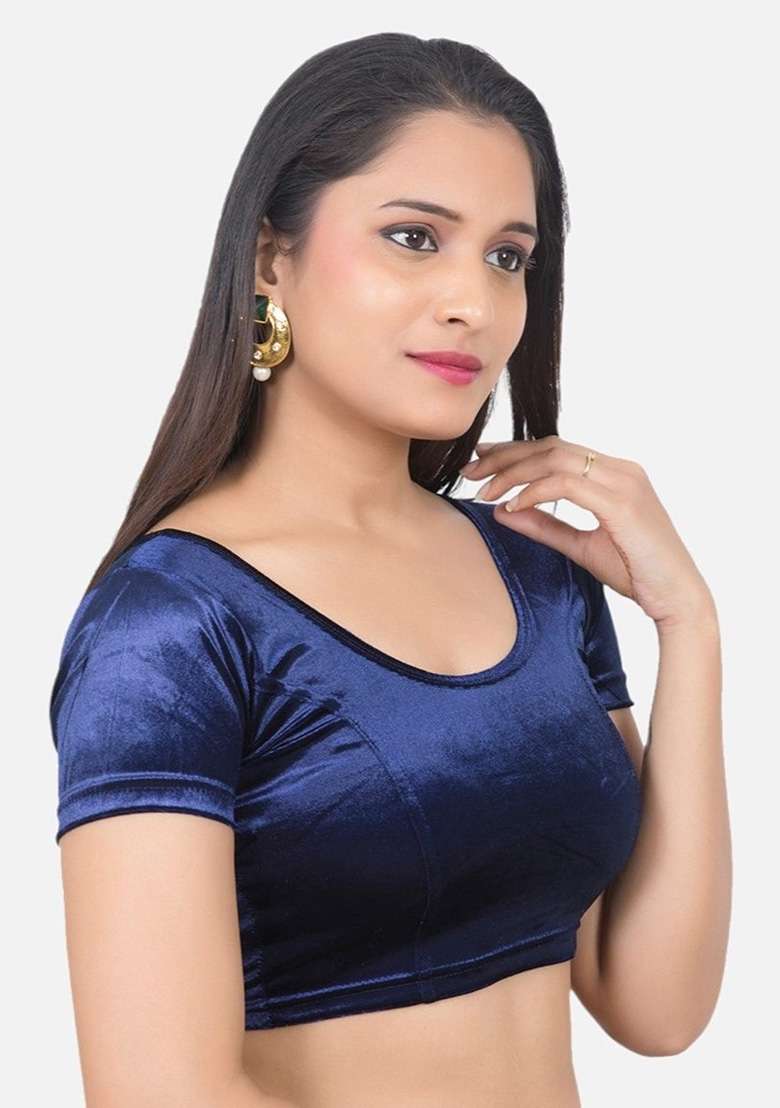 Navy Plain Velvet Blouse - Indya