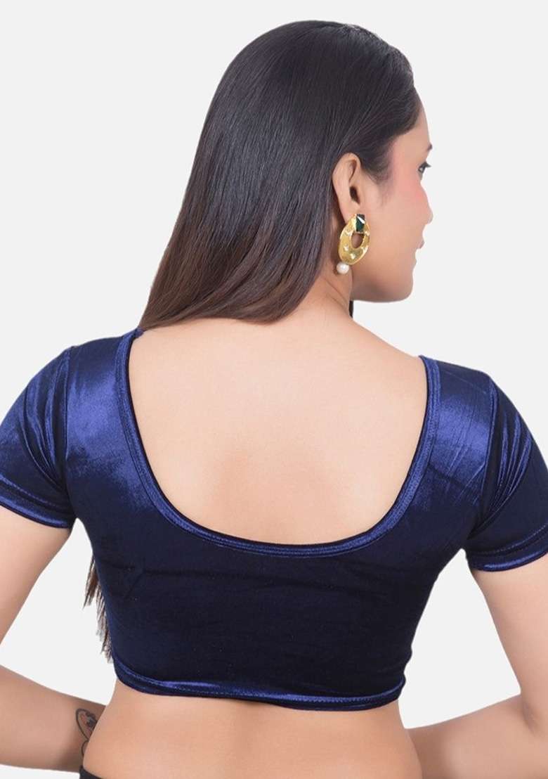 Navy Plain Velvet Blouse - Indya