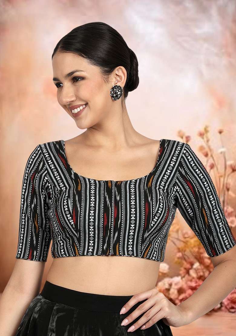 Black Printed Ikat Cotton Blouse - Indya