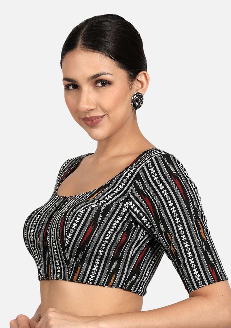Black Printed Ikat Cotton Blouse - Indya