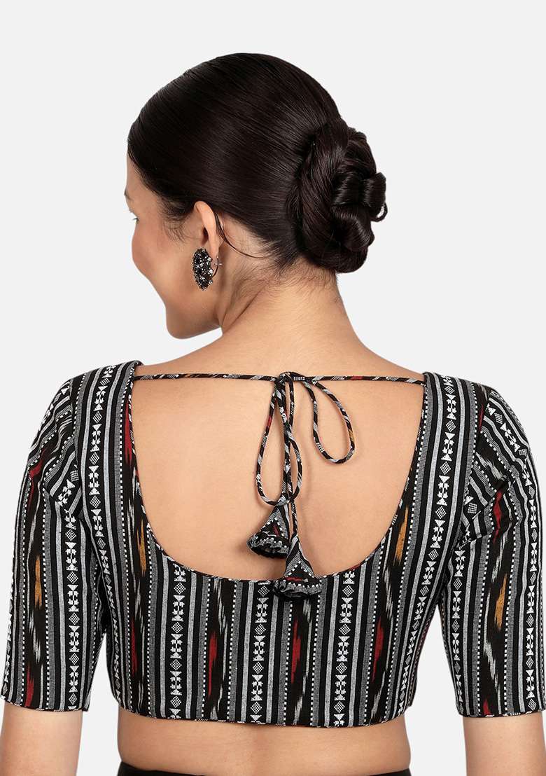 Black Printed Ikat Cotton Blouse - Indya