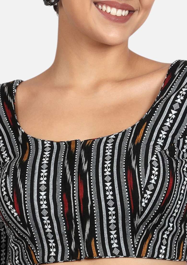 Black Printed Ikat Cotton Blouse - Indya