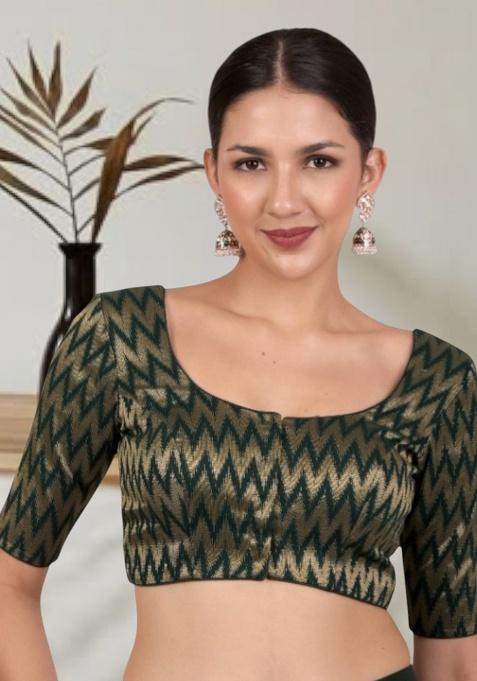 Bottle Green Printed Brocade Blouse