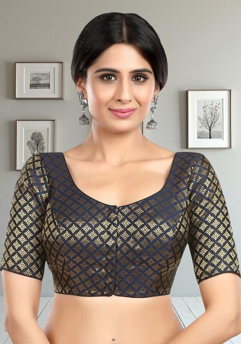 Navy Printed Brocade Blouse