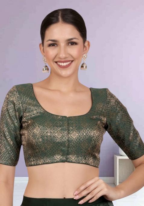 Bottle Green Printed Brocade Blouse
