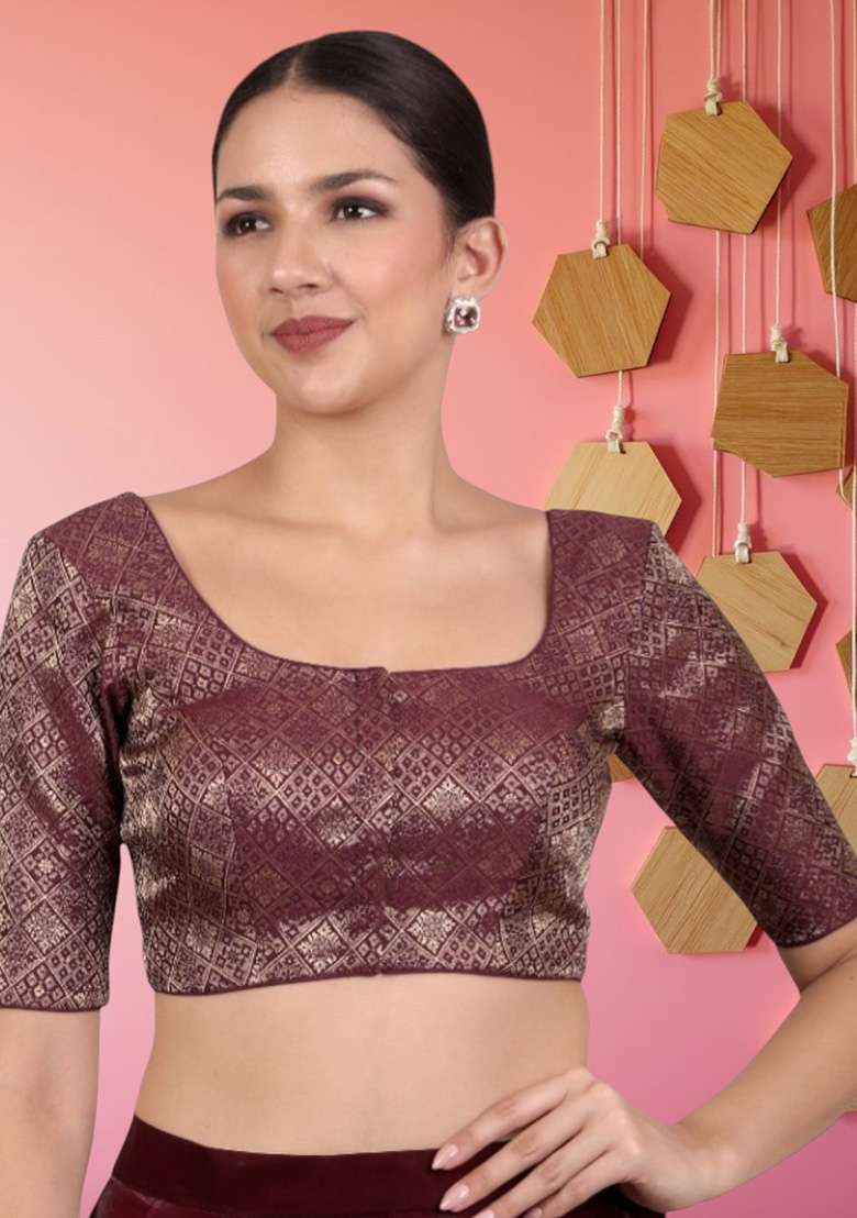 Wine Printed Brocade Blouse - Indya