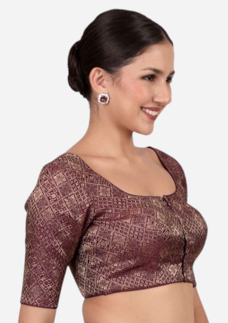 Wine Printed Brocade Blouse - Indya