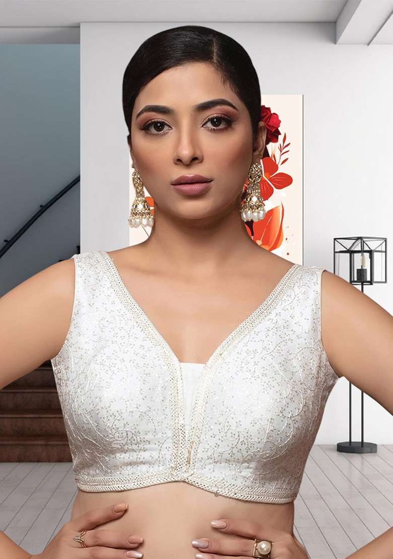 White Printed Brocade Blouse - Indya