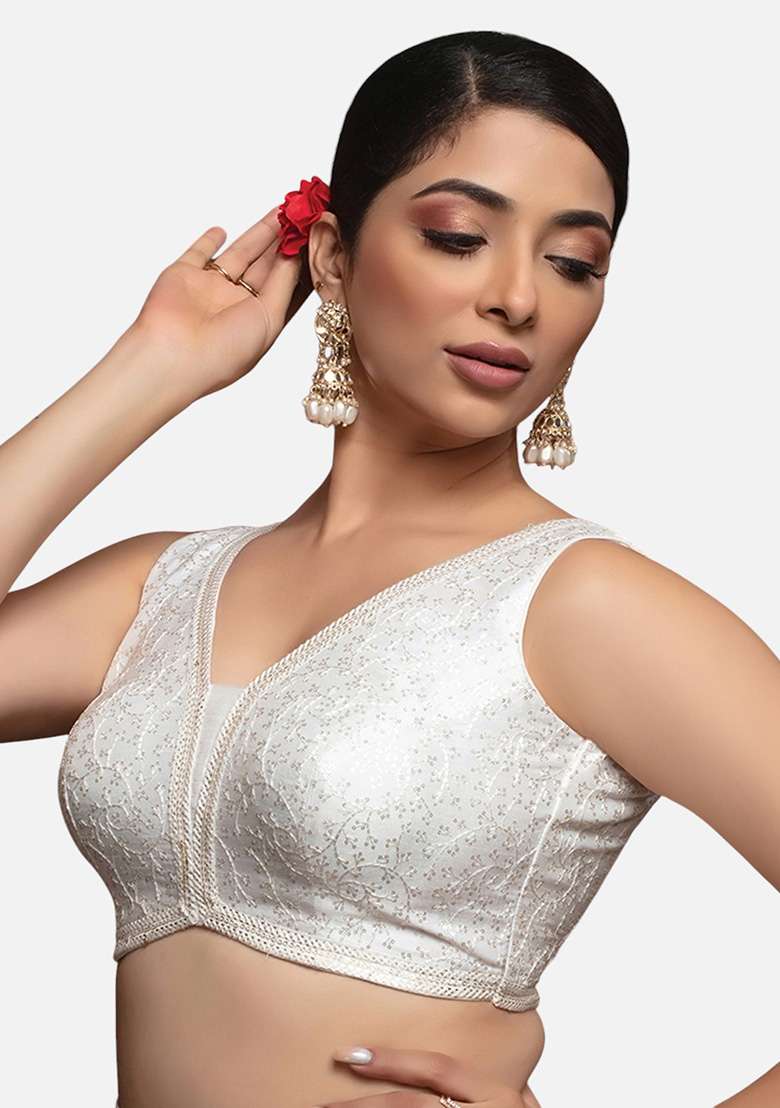 White Printed Brocade Blouse - Indya