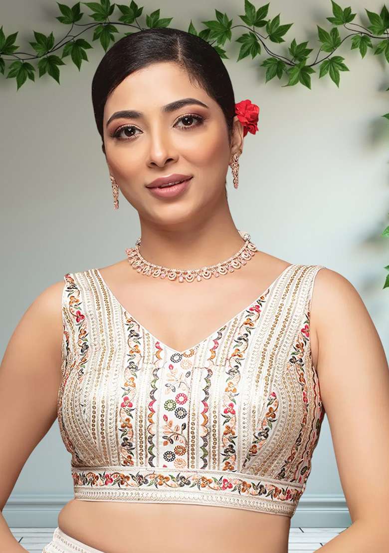White Embroidery Silk Blouse - Indya