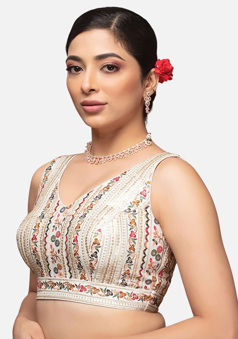 White Embroidery Silk Blouse - Indya