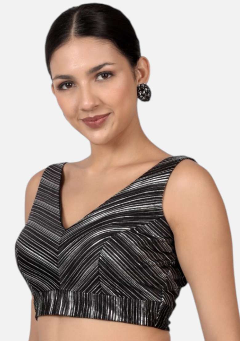 Black Silver Plain Silk Blouse - Indya