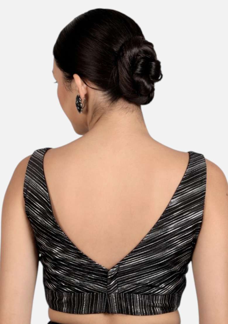 Black Silver Plain Silk Blouse - Indya