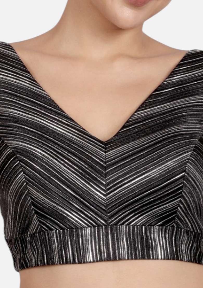 Black Silver Plain Silk Blouse - Indya