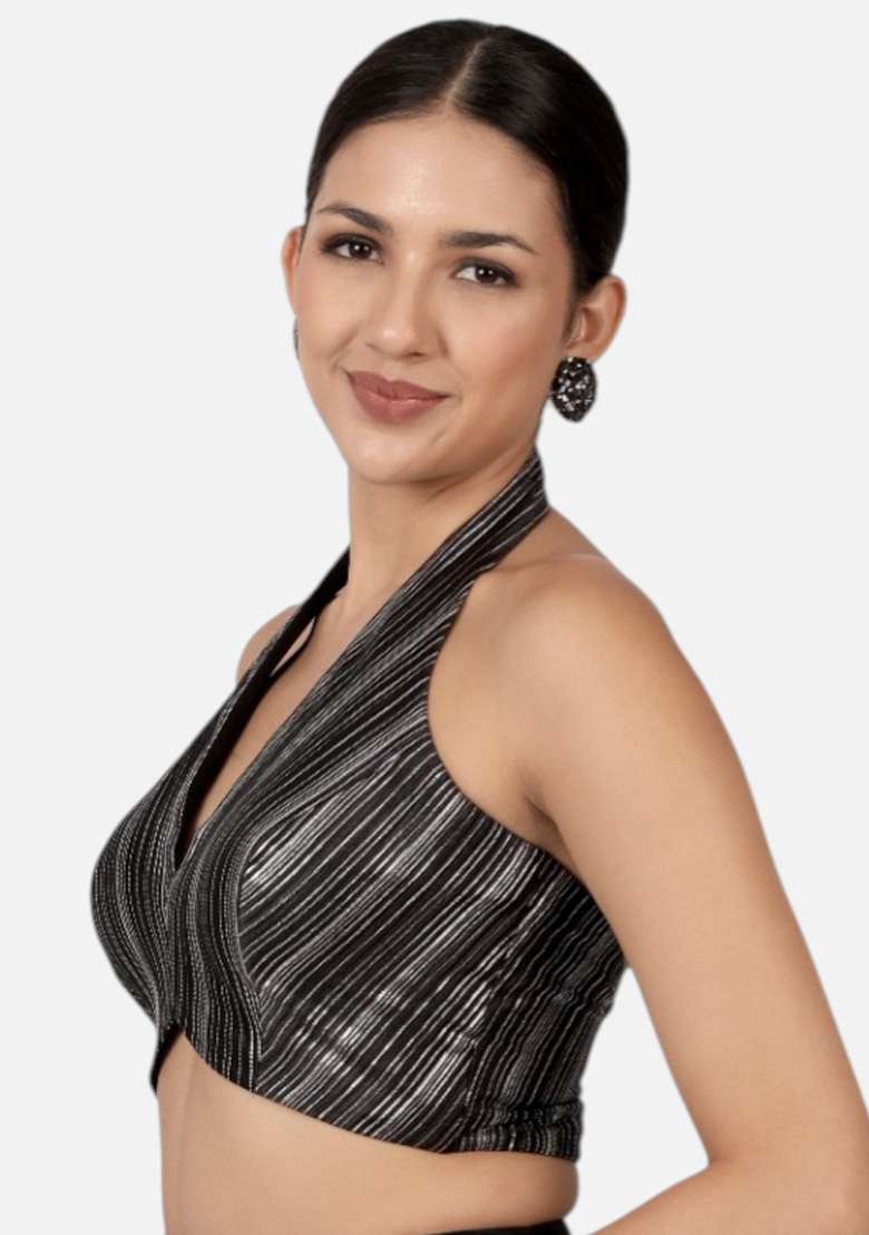 Black Silver Plain Silk Blouse - Indya