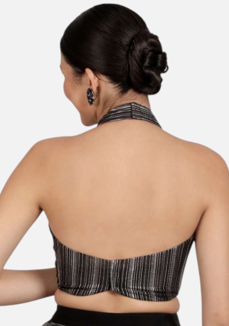 Black Silver Plain Silk Blouse - Indya