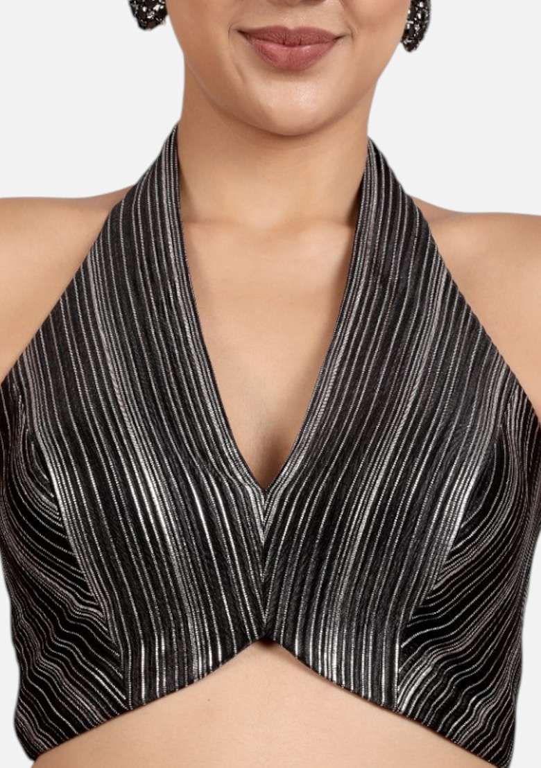 Black Silver Plain Silk Blouse - Indya