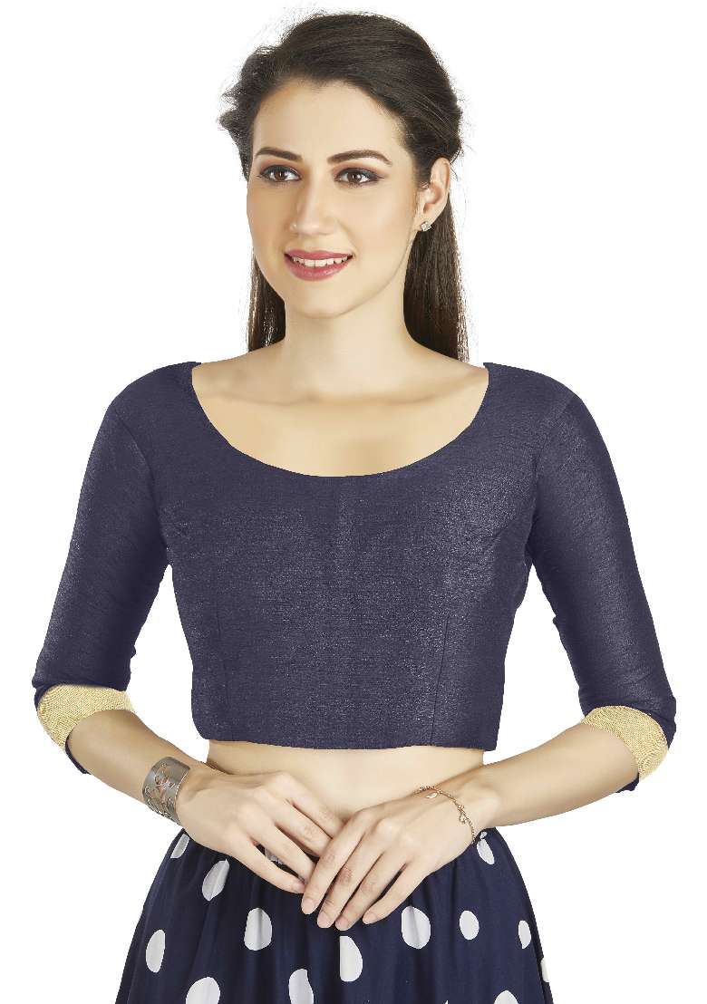 Navy Blue Motif Art Silk Blouse - Indya