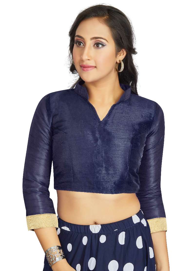 Navy Blue Motif Art Silk Blouse - Indya