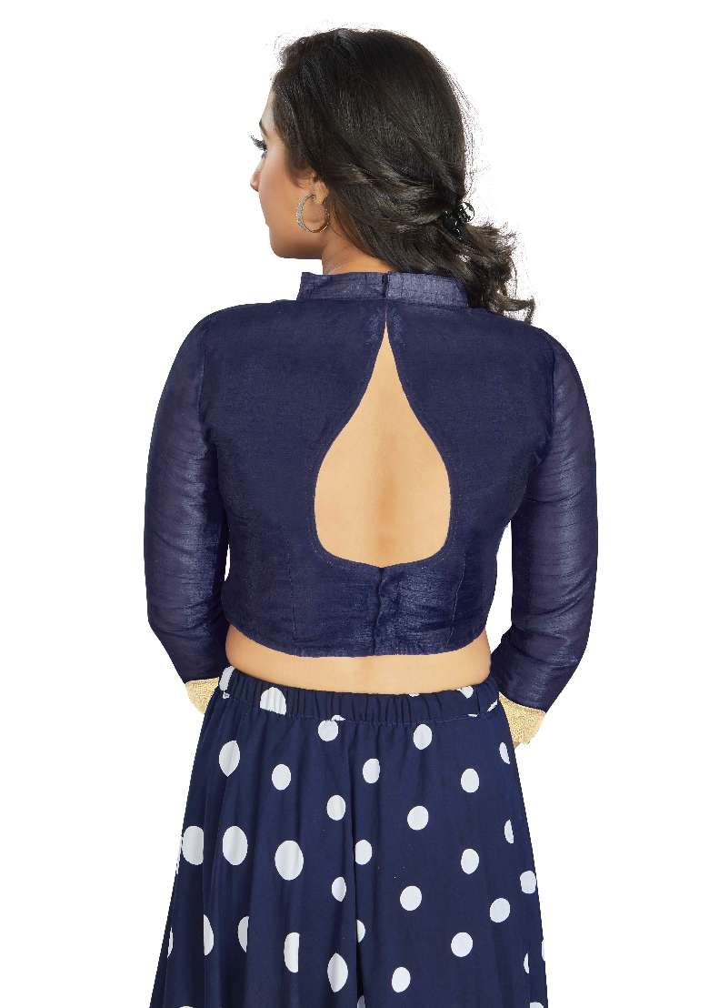 Navy Blue Motif Art Silk Blouse - Indya