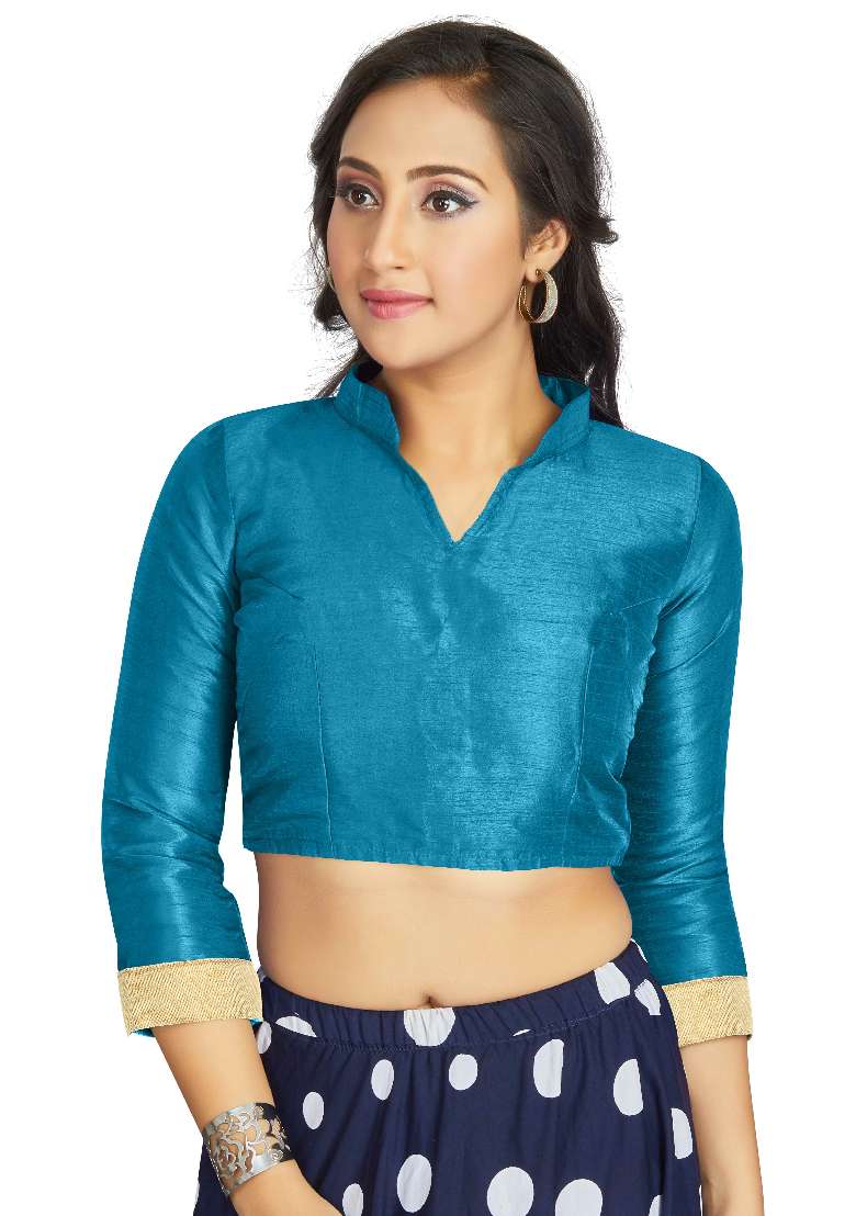 Sky Blue Motif Art Silk Blouse - Indya