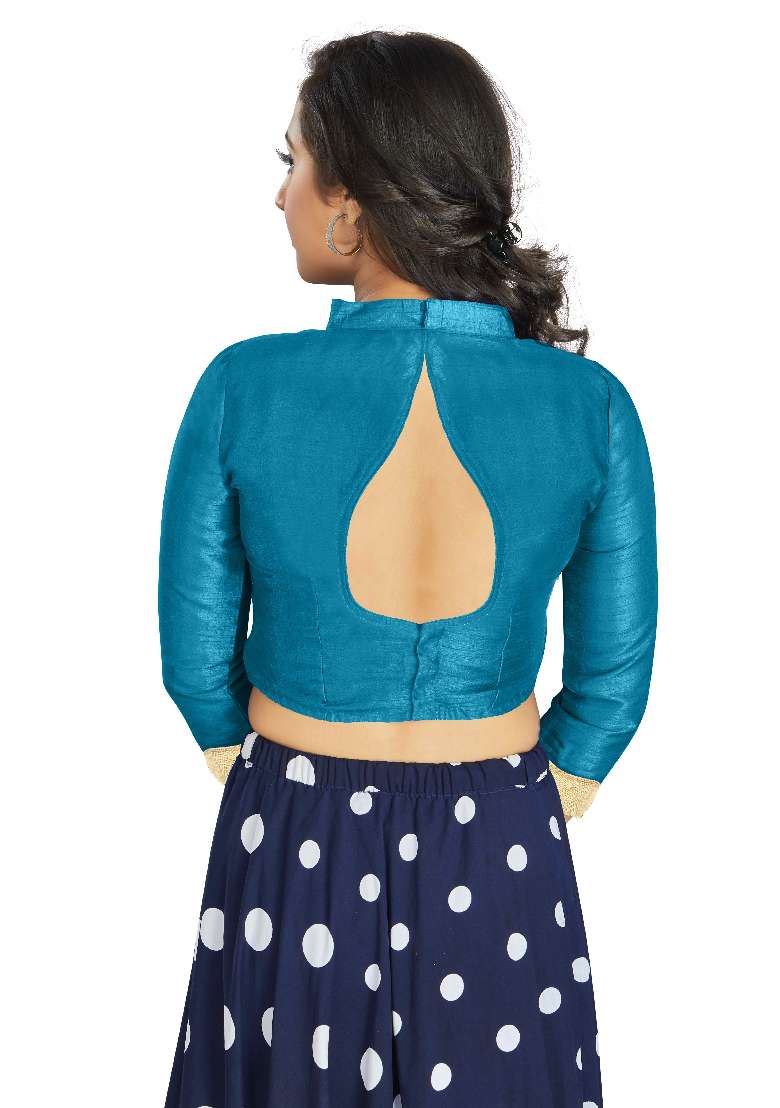 Sky Blue Motif Art Silk Blouse - Indya