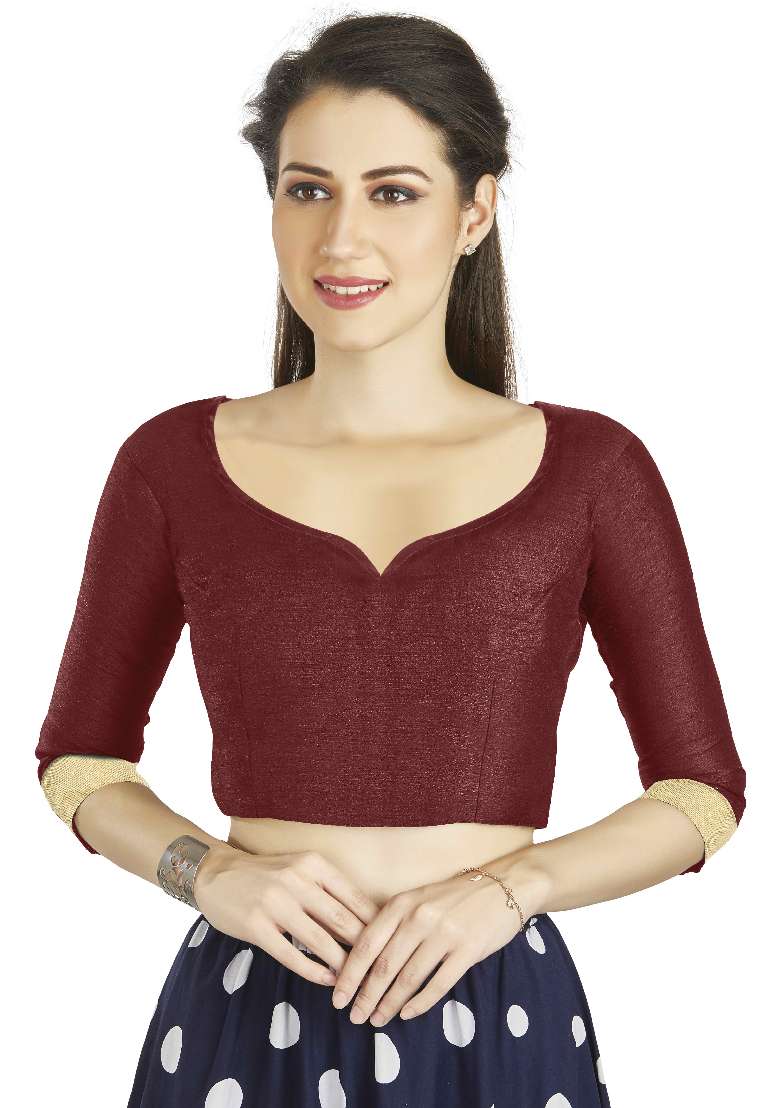 Dark Maroon Motif Art Silk Blouse - Indya