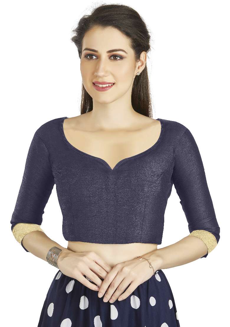 Navy Blue Motif Art Silk Blouse - Indya