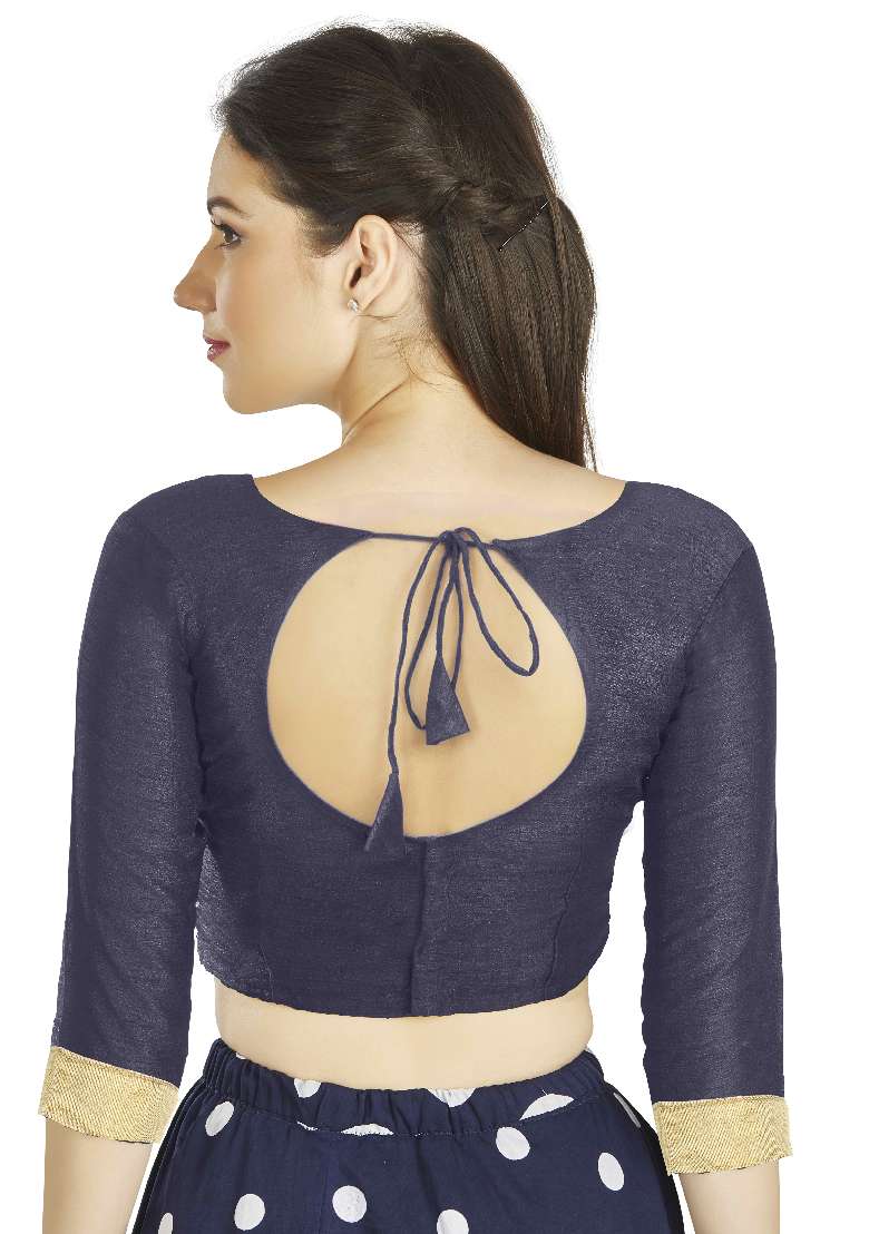 Navy Blue Motif Art Silk Blouse - Indya