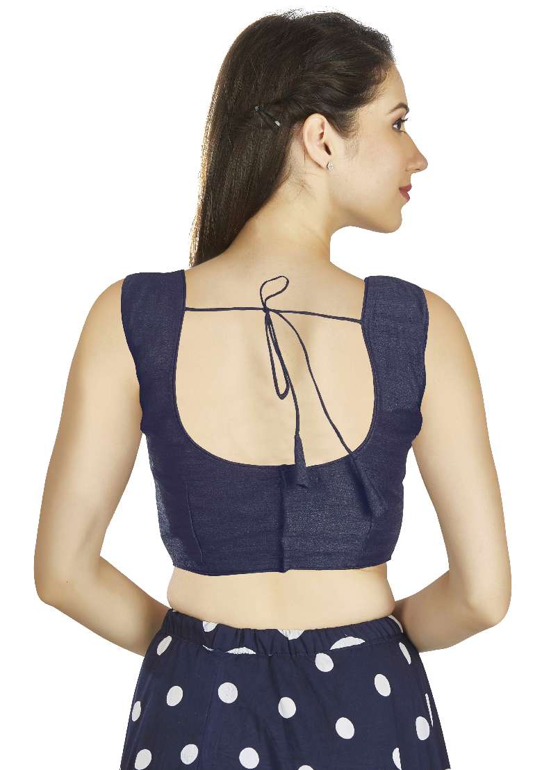 Navy Blue Motif Art Silk Blouse - Indya