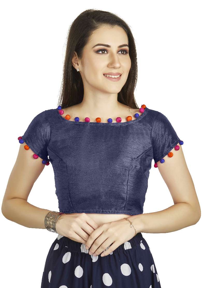 Navy Blue Motif Art Silk Blouse - Indya