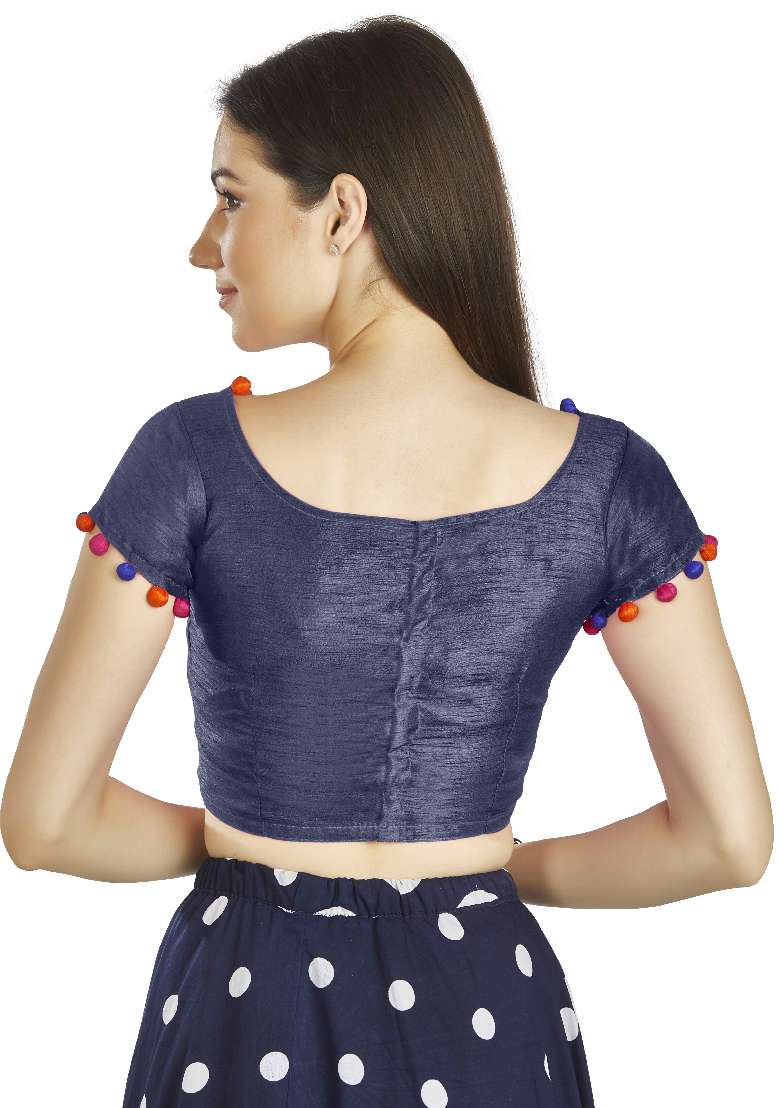 Navy Blue Motif Art Silk Blouse - Indya