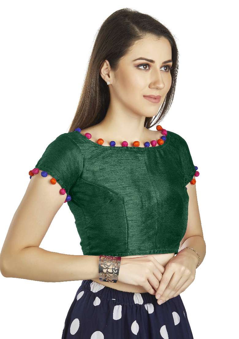 Bottle Green Motif Art Silk Blouse - Indya