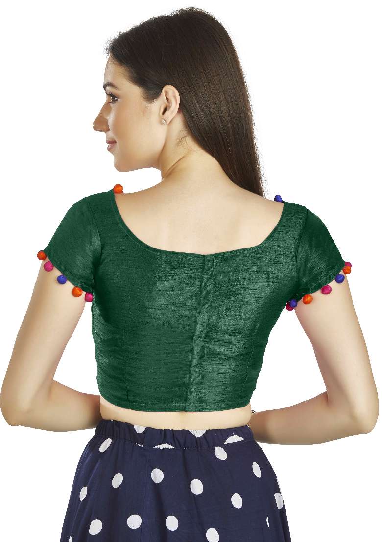 Bottle Green Motif Art Silk Blouse - Indya