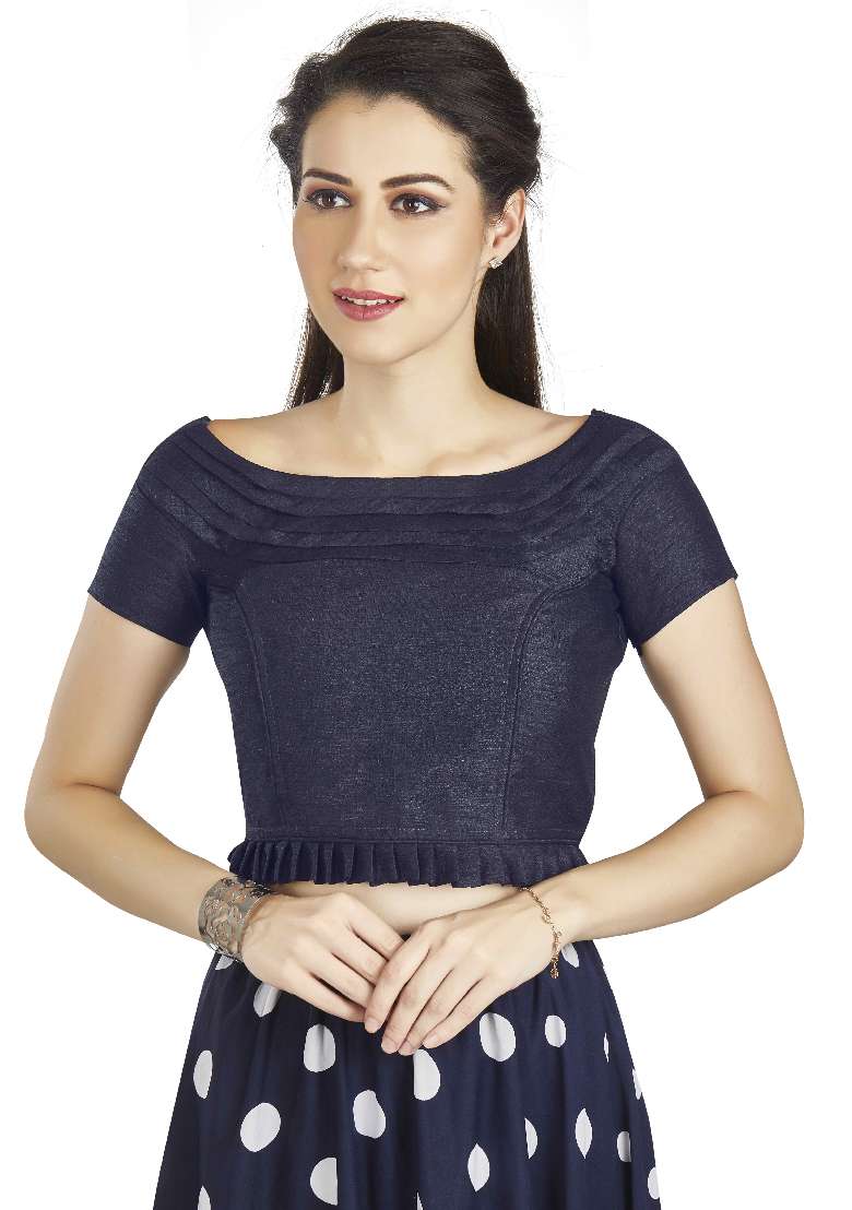 Navy Blue Motif Art Silk Blouse - Indya