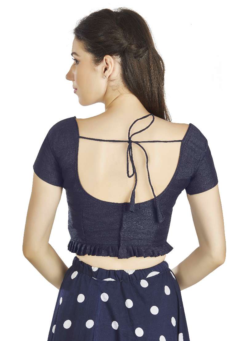 Navy Blue Motif Art Silk Blouse - Indya