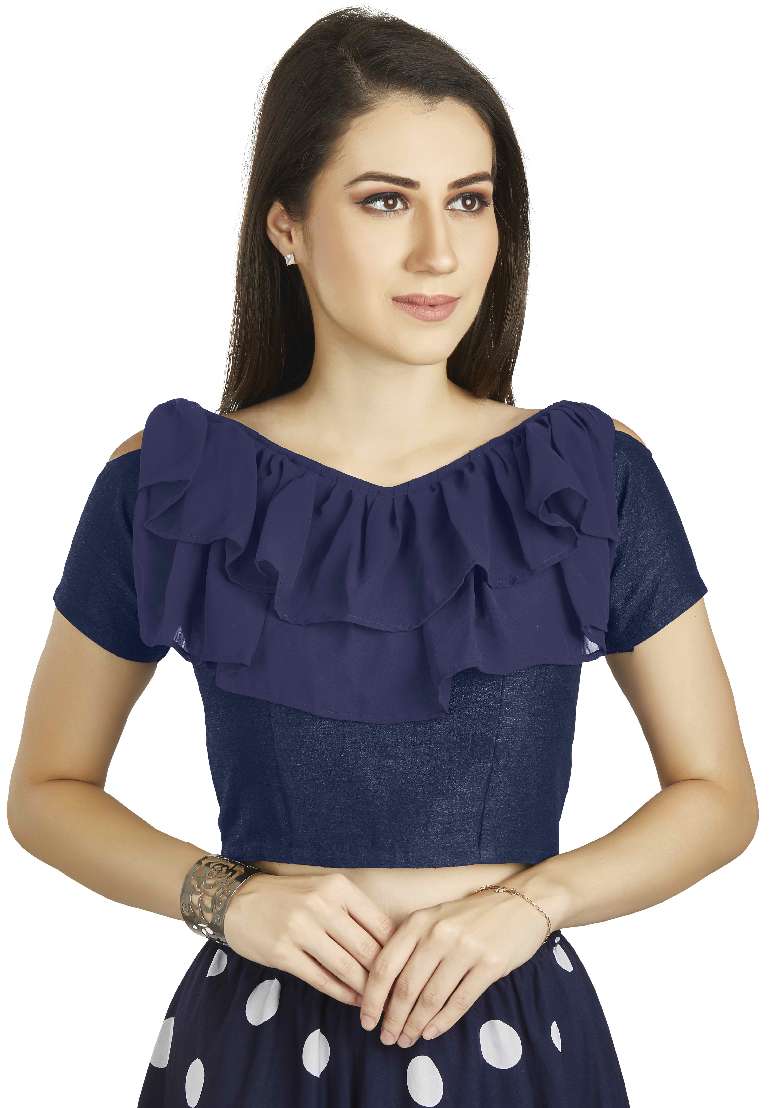 Navy Blue Motif Art Silk Blouse - Indya