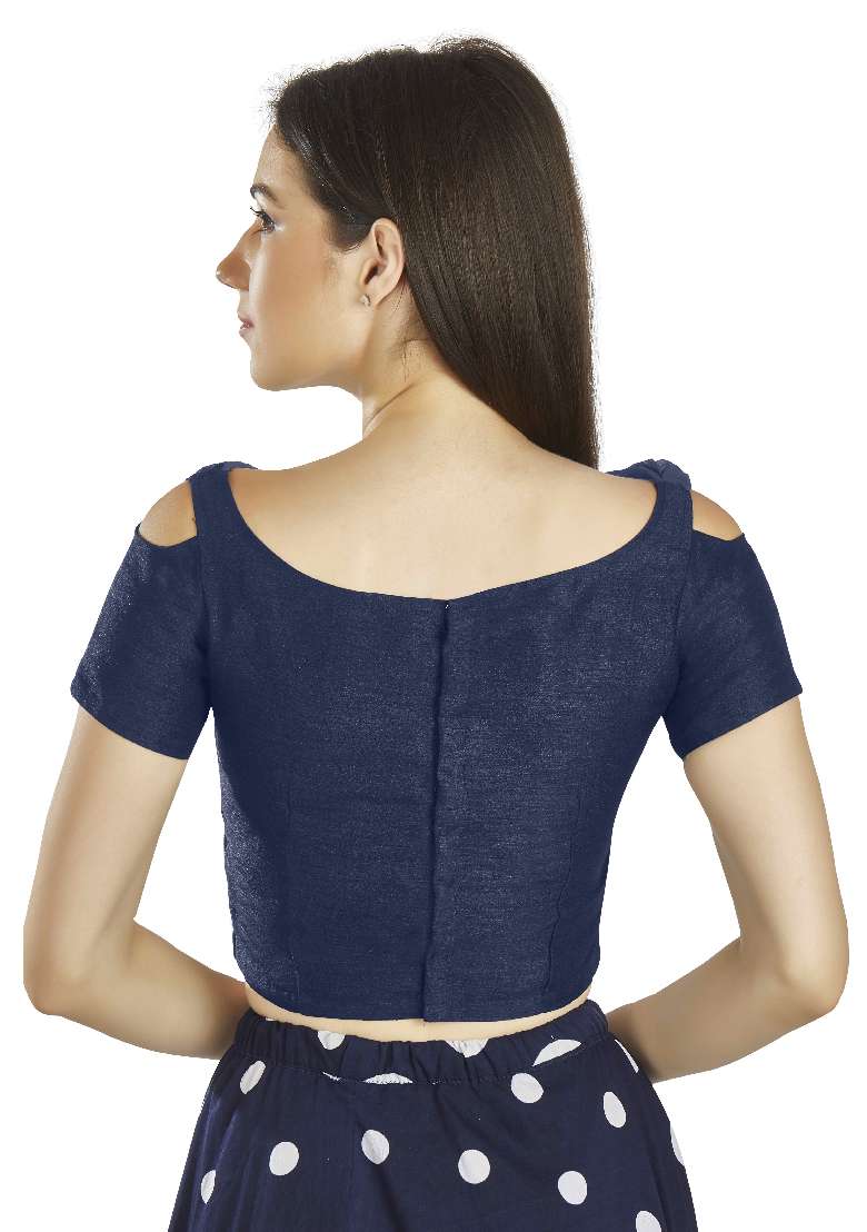 Navy Blue Motif Art Silk Blouse - Indya