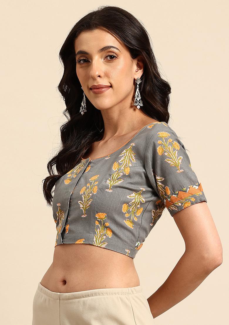 Grey Printed Cotton Blouse - Indya