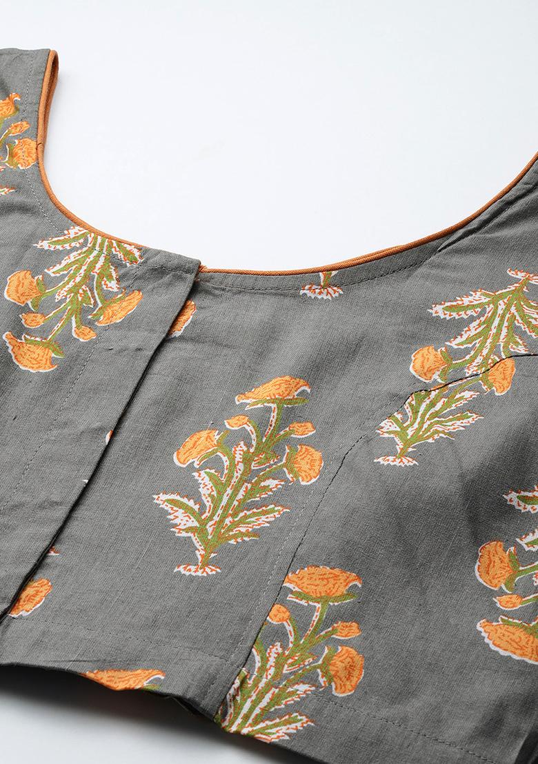 Grey Printed Cotton Blouse - Indya