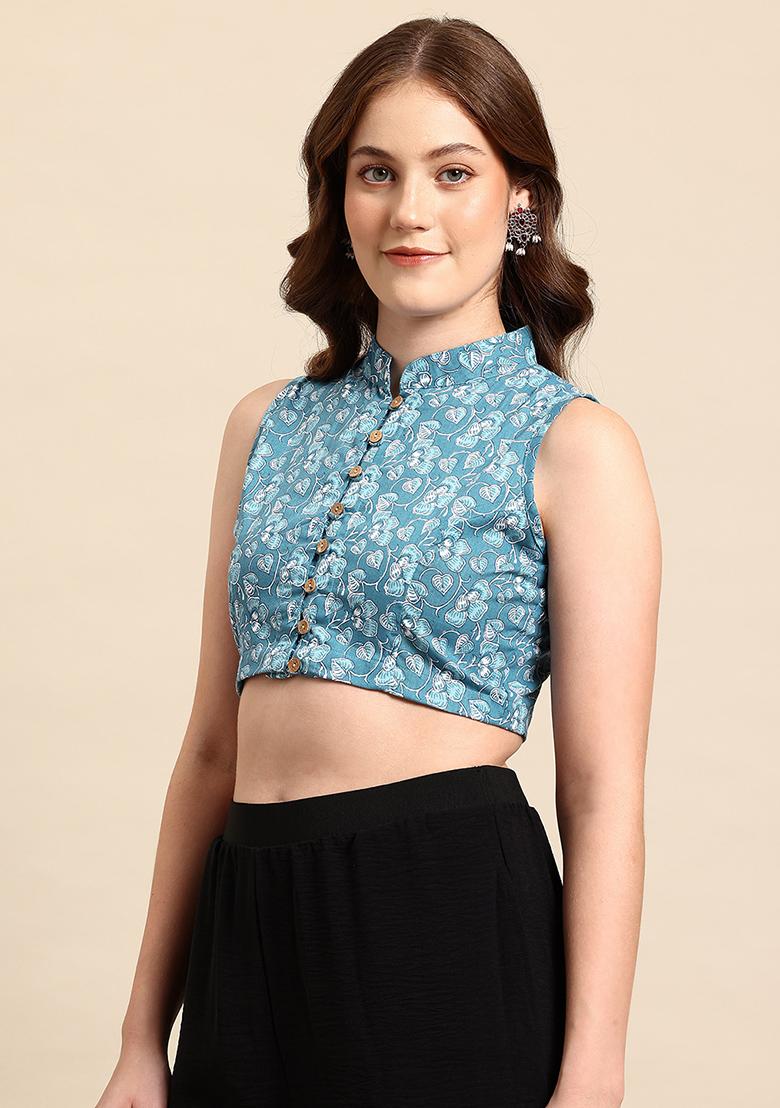 Blue Printed Cotton Blouse - Indya