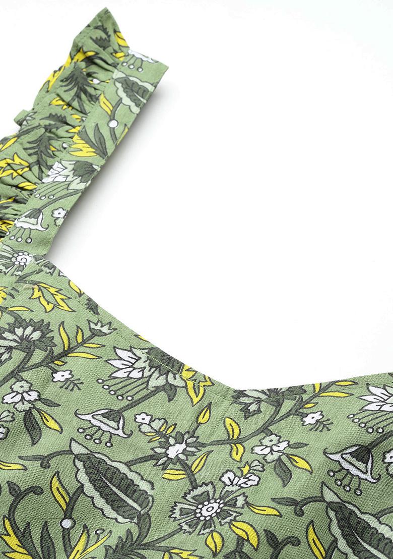 Olive Printed Cotton Blouse - Indya